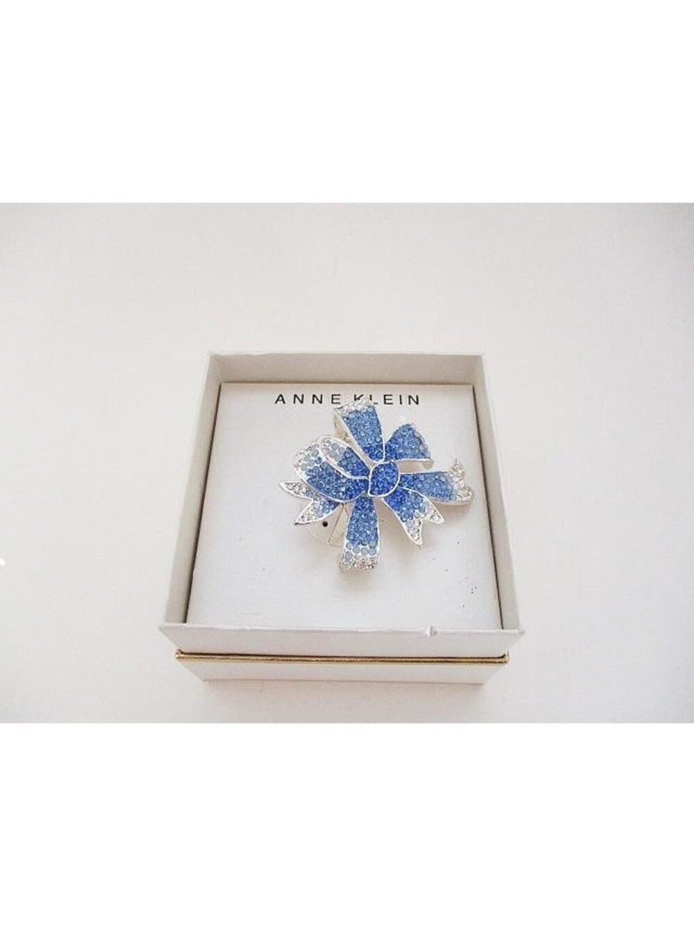 Anne Klein Silvertone, Blue, and Crystal Bow Broach